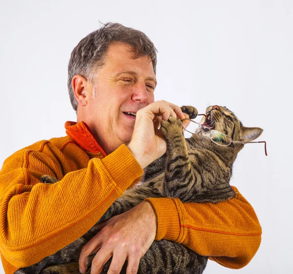 Gato tentando pegar os óculos de um homem — Fotografia de Stock