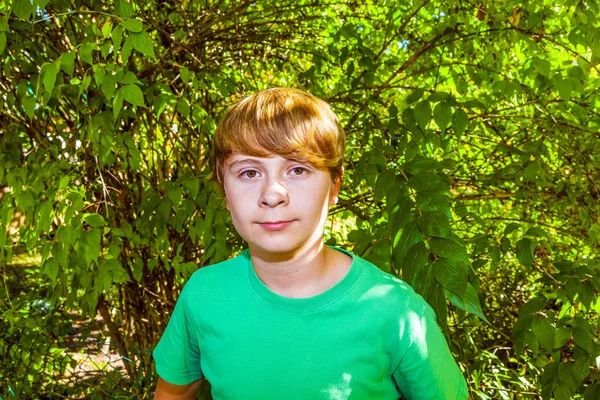 Leuke slimme jongen in de tuin onder de boom — Stockfoto