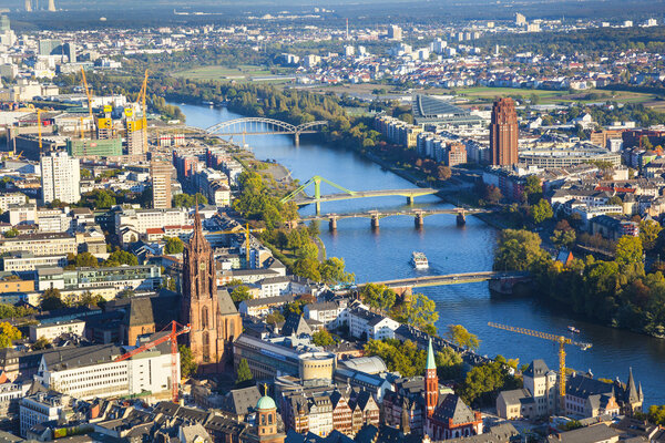 Aerial of Frankfurt an Main with view to river Main in the evening