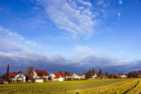 Rural landscape in Munich with new settlement and fields