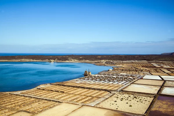 Słynny salinas de janubio w lanzarote, Wyspy Kanaryjskie, Hiszpania — Zdjęcie stockowe