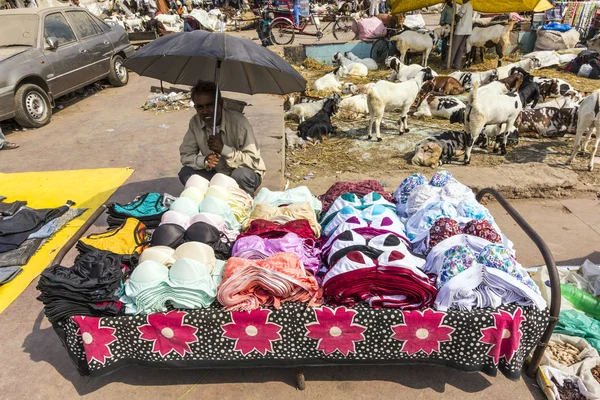 Indien Mann verkauft bunte Büstenhalter auf dem Markt — Stockfoto