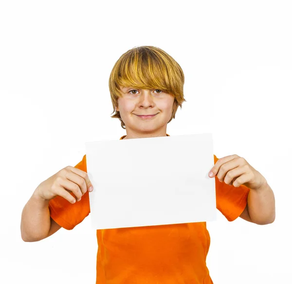 Smart boy has control over the empty poster — Stock Photo, Image