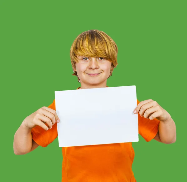 Smart boy has control over the empty poster — Stock Photo, Image