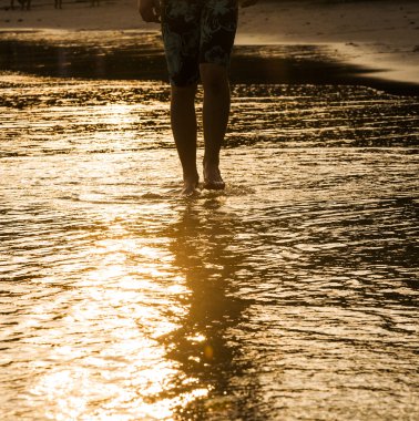 adam arka ışık sahilde yürüyen besleme