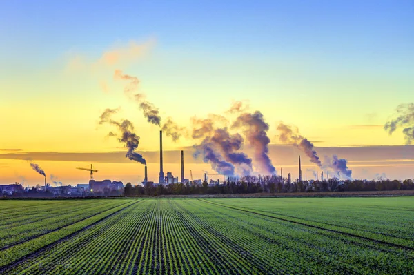 Industrie complex in frankfurt in vroege ochtend met groene velden — Stockfoto