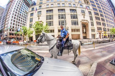 Polizist auf Pferd überprüft richtig Parken