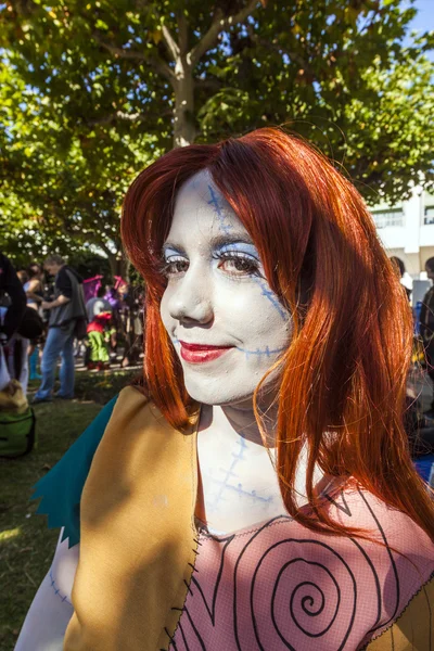 Colorful girl made up as Manga figure from comics scene poses f — Stock Photo, Image