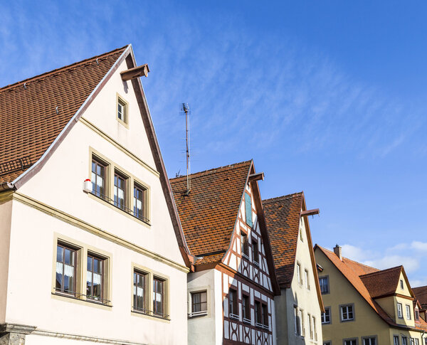Gable roof of traditional German half-timbered house in medieval section of Rothenburg ob der Tauber, Bavaria, Germany, along the Romantic Road