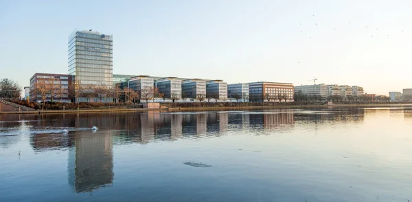 Nuevos edificios en el westhafen en el río principal en la puesta del sol —  Fotos de Stock