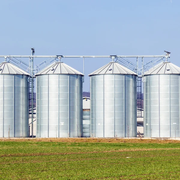 Silos de prata no campo — Fotografia de Stock