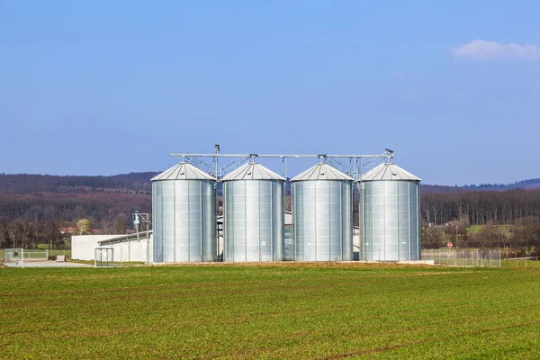 Silver silos in field Royalty Free Stock Images