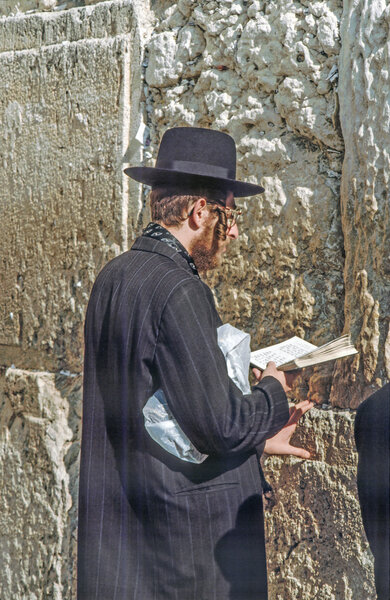 Orthodox jewish man prays at the Western Wall 