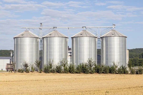 Quatro silos de prata no campo após a colheita — Fotografia de Stock
