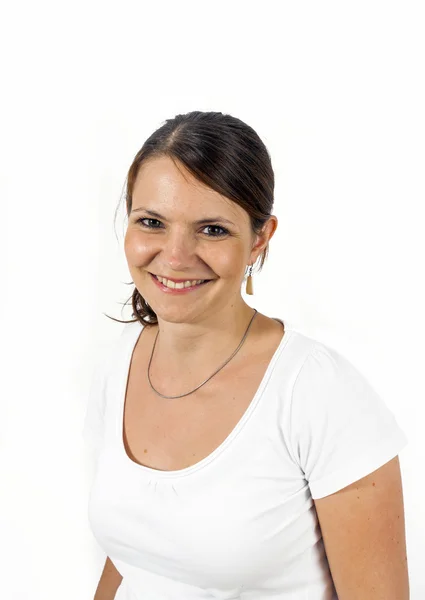 Portrait of a beautiful young woman on light background — Stock Photo, Image