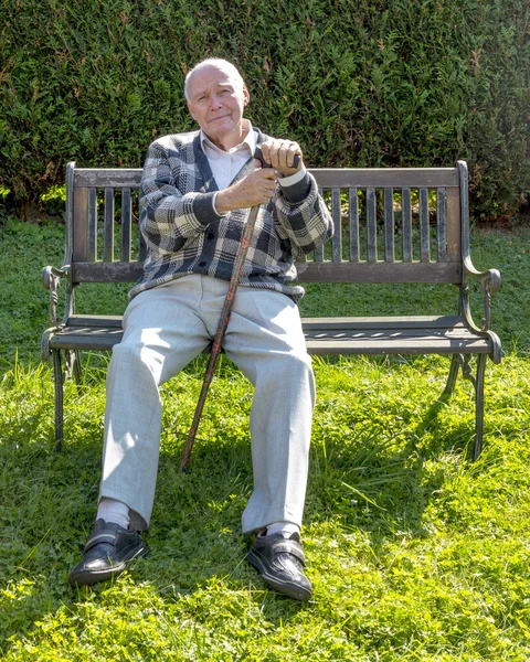 bir bankta oturan yaşlı adam sahiptir