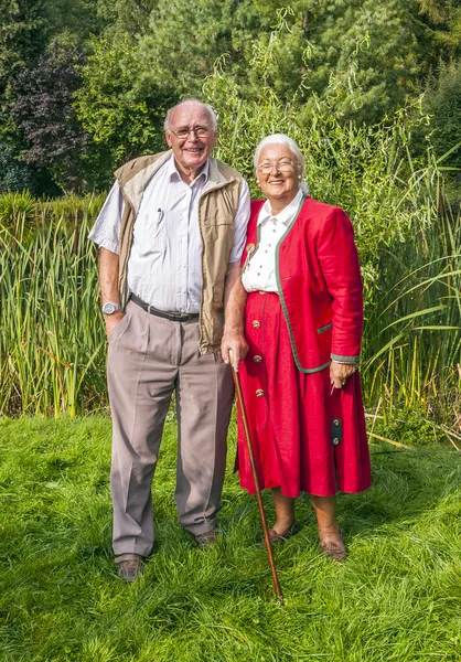 Elderly couple standing hand in hand in their garden — Stock Photo, Image