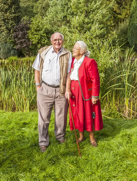 Ouderen paar staande hand in hand in hun tuin — Stockfoto