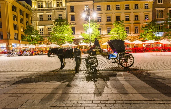 Cocher attend les touristes la nuit avec une calèche tirée par un cheval un — Photo