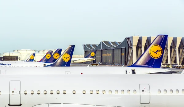 Lufthansa Aviones de pie en la terminal 1 en el aeropuerto de Frankfurt — Foto de Stock