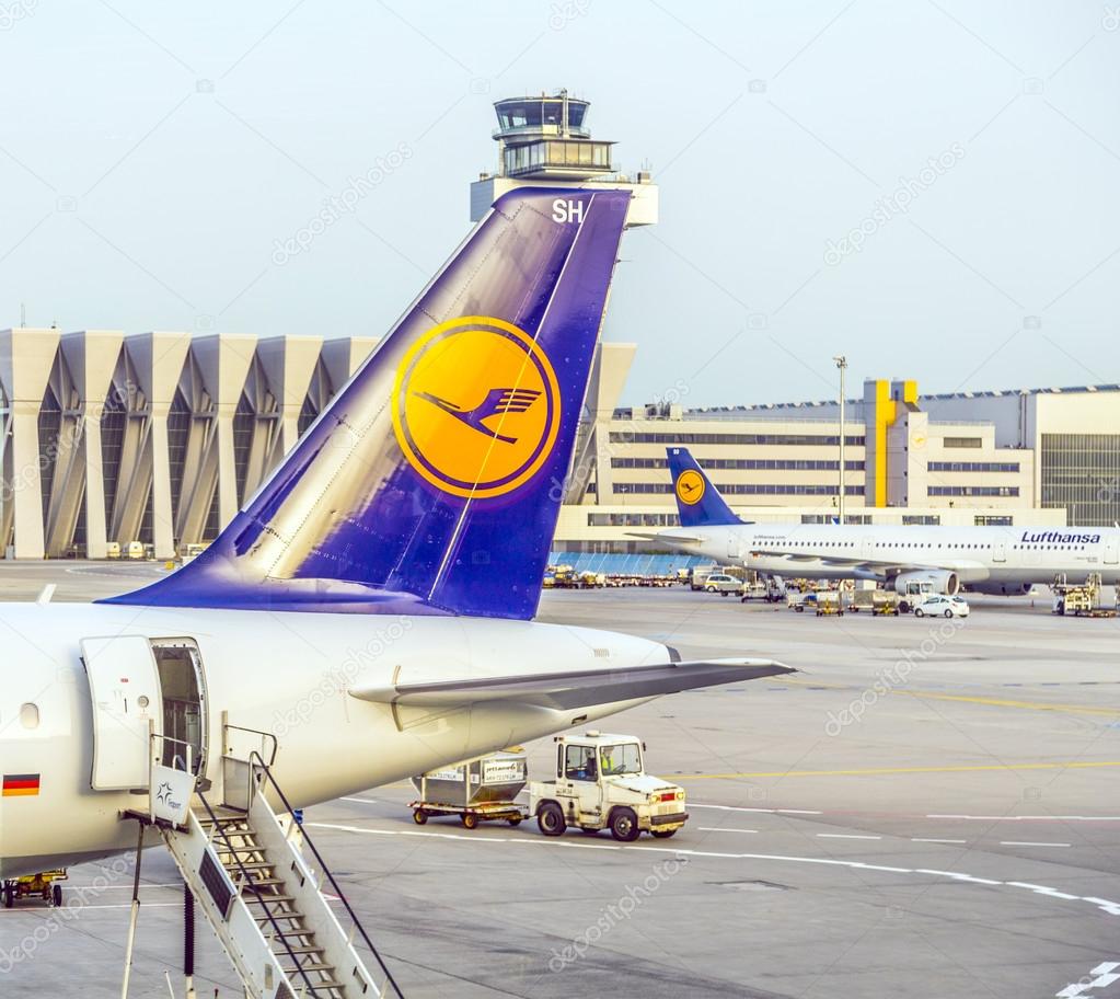 FRANKFURT, GERMANY - MAY 22, 2014: Lufthansa Aircrafts standing at the terminal 1 at Frankfurt airport. Frankfurt is one of the busiest airport in Europe and Number one in Germany.