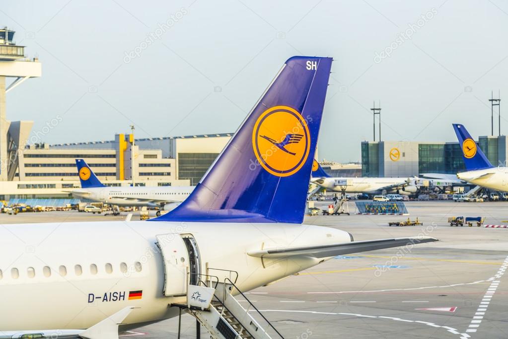 FRANKFURT, GERMANY - MAY 22, 2014: Lufthansa Aircrafts standing at the terminal 1 at Frankfurt airport. Frankfurt is one of the busiest airport in Europe and Number one in Germany.
