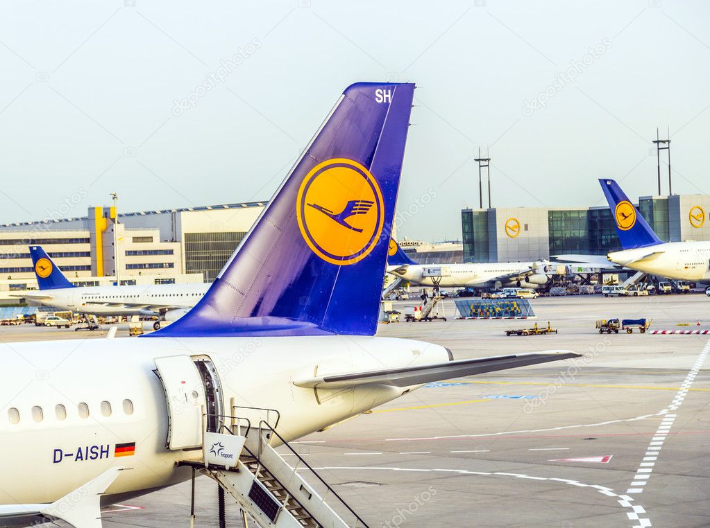 FRANKFURT, GERMANY - MAY 22, 2014: Lufthansa Aircrafts standing at the terminal 1 at Frankfurt airport. Frankfurt is one of the busiest airport in Europe and Number one in Germany.