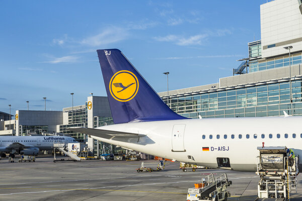 Lufthansa Aircrafts standing at the terminal 1