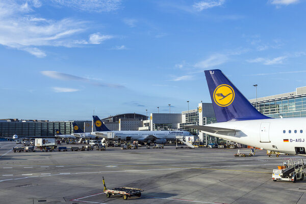 Lufthansa Aircrafts standing at the terminal 1