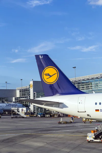 Lufthansa Aviones de pie en la terminal 1 — Foto de Stock