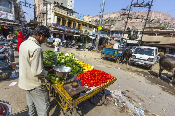 Mann verkauft Gemüse auf dem Markt in Jodhpur — Stockfoto