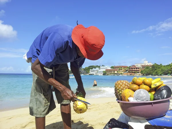 Člověk prodává ananas na pláži — Stock fotografie