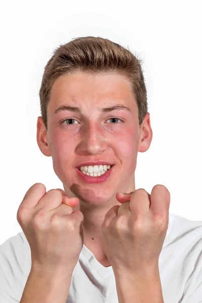 Portrait Sourire Heureux Caucasien Adolescent Garçon Studio — Photo