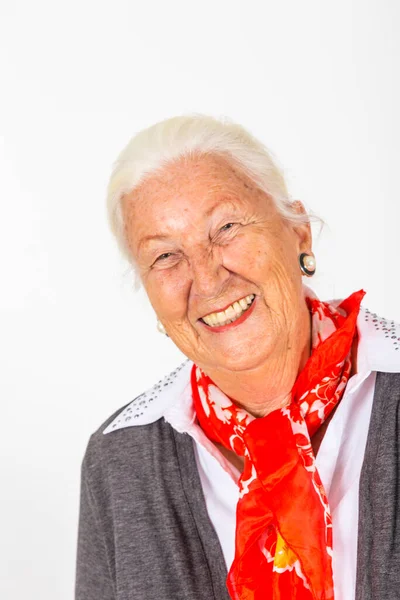 Retrato Anciana Atractiva Dama Sonriente Con Pelo Blanco —  Fotos de Stock