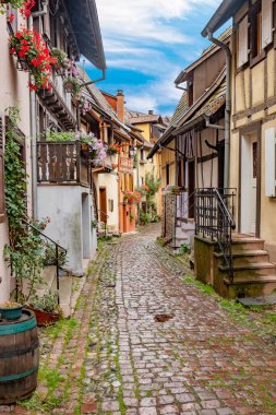 Fransa 'nın Alsace bölgesindeki tarihi Eguisheim köyünde yarı keresteli evlere sahip manzaralı küçük bir yol.