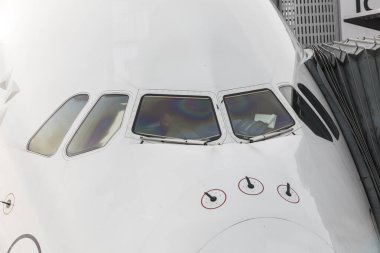FRANKFURT, ALMANY - OCT 7, 2017: Lufthansa A380 'in kokpiti kalkışa hazır. A380, Lufthansas uçak filosunun amiral gemisi..