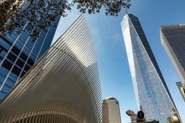 NEW YORK, ABD - OCT 6, 2017: Oculus ulaşım merkezinin ayırt edici mimari formu One World Trade Center kulesinin parlak manzarasının önünde duruyor.