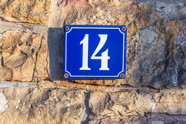 House Number Fourteen Made Enamel Old Stone House Wall — Stock Photo, Image