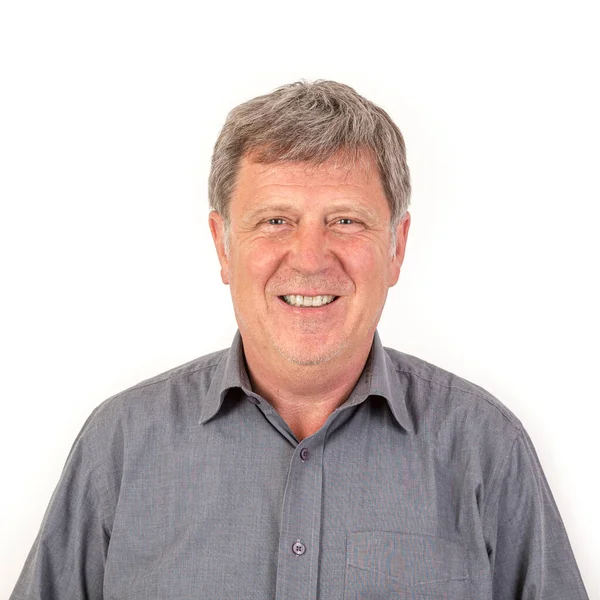 Portrait Smiling Mature Man Grey Shirt — Stock Photo, Image