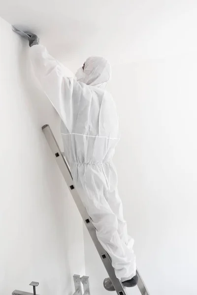Mužský Malíř Ochranném Obleku Pracuje Žebříku Strhává Stěnu Brusným Papírem — Stock fotografie