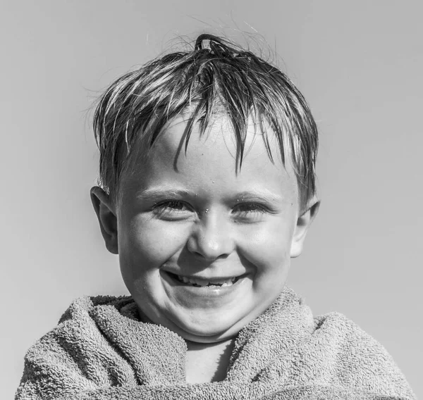 Portrait Cute Boy Towel Beach — Stock Photo, Image