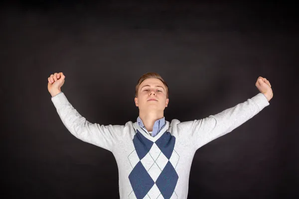 Portrait Handsome Boy Looking Confident Raised Arms — Stock Photo, Image