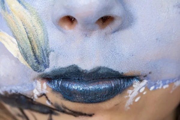 Detail Mouth Blue Painted Colorful Face — Stock Photo, Image