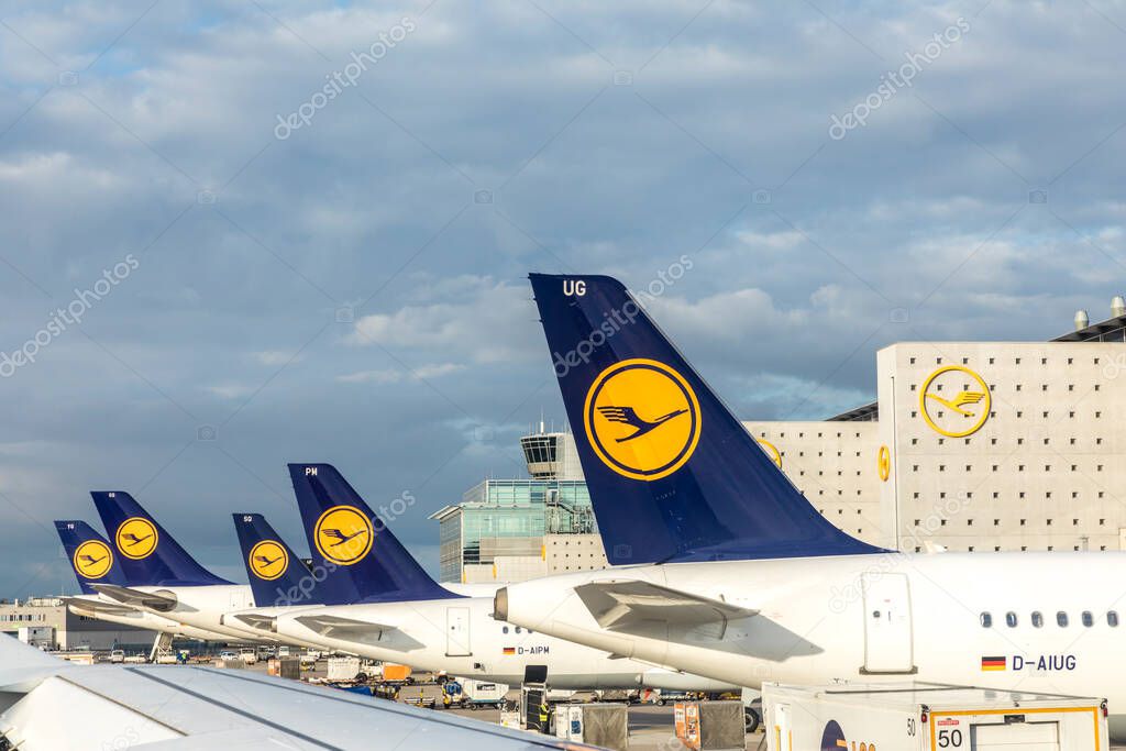 Frankfurt, Germany - June 7, 2017: Lufthansa aircrafts standing at position at Frankfurt international airport. Due to Corona crises the schedule is heavily reduced.