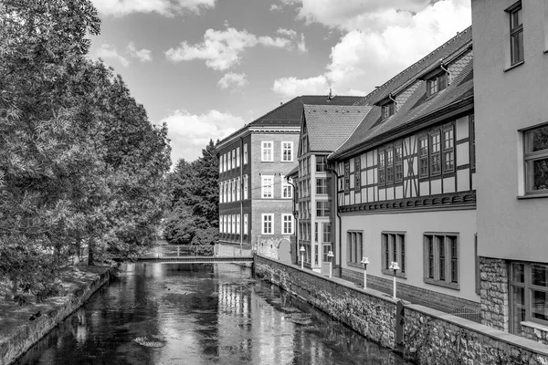 Casas Históricas Antigas Idílico Rio Gera Erfurt Alemanha — Fotografia de Stock