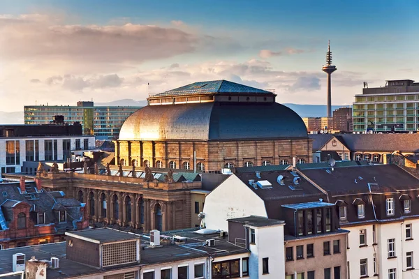 Frankfurt Alemania Febrero 2010 Puesta Sol Con Rascacielos Centro Frankfurt — Foto de Stock