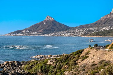 İnsanlar Cape Town, Güney Afrika 'daki güzel plajın tadını çıkarıyor..
