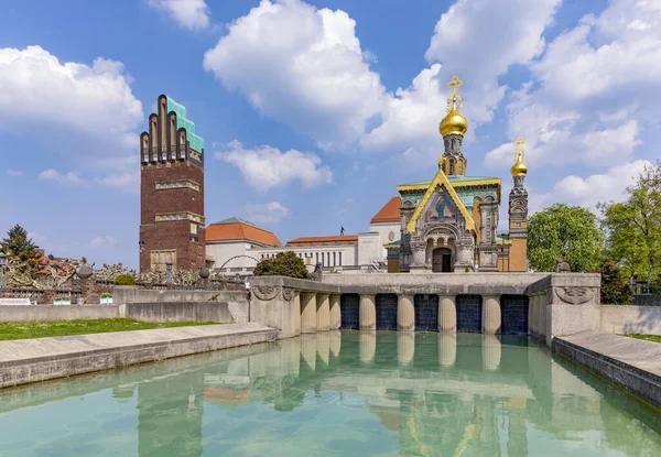 Mathildenhoehe Kaplicy Rosyjski Wesele Wieża Darmstadt Pod Błękitne Niebo — Zdjęcie stockowe