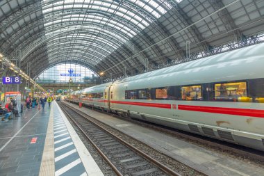 Frankfurt, Almanya - 15 Şubat 2022: İnsanlar Frankfurt Tren İstasyonu 'ndaki trene yetişmek için acele ediyorlar. Tarihi tren istasyonu 1898 civarında klasik tarzda inşa edildi..