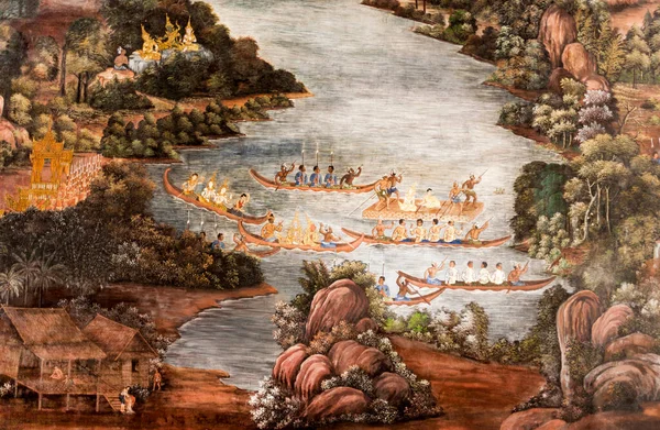 Bangkok, Tayland - 4 Ocak 2010: ünlü tapınak Phra Sri Ratana Chedi 'nin duvar resmi Grand Palace' ın iç kısımlarında folyo altınla kaplandı.